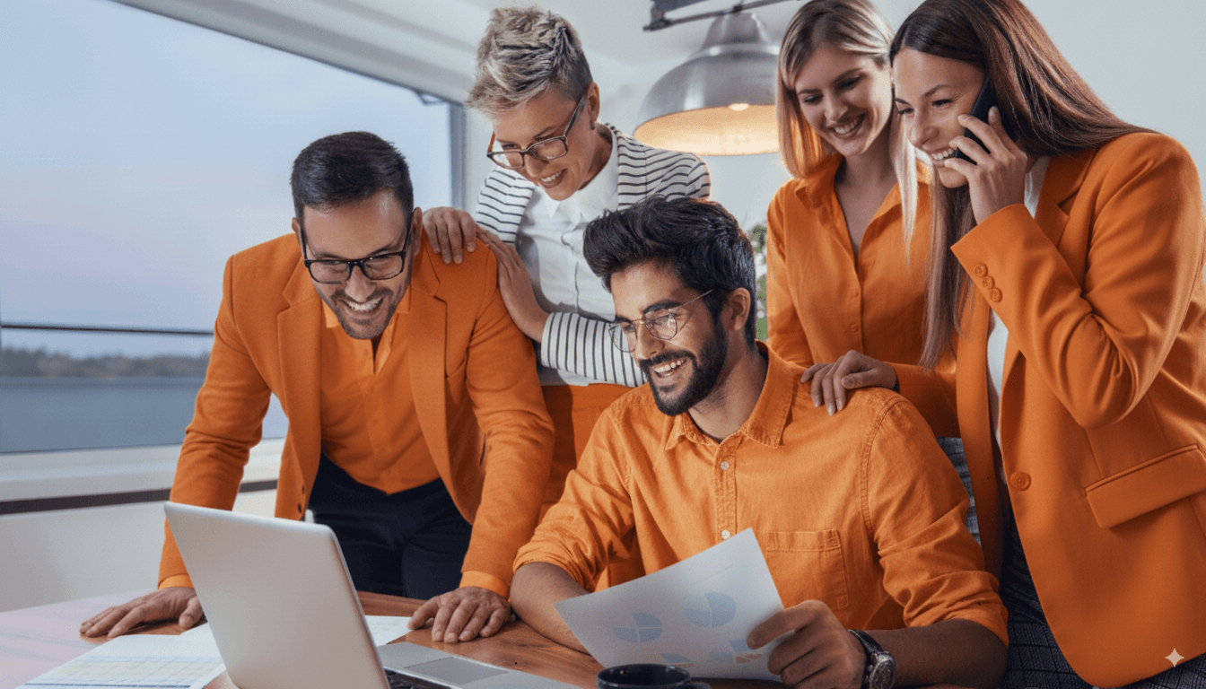 Equipe de contabilidade trabalhando em conjunto analisando resultados em um escritório moderno